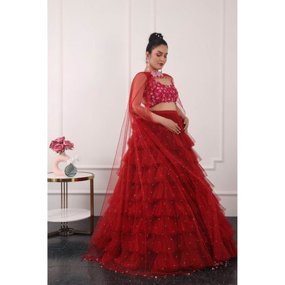 Kiran Kalsi Red 3D Embroidered Lehenga with Blouse and Dupatta (Set of 3)