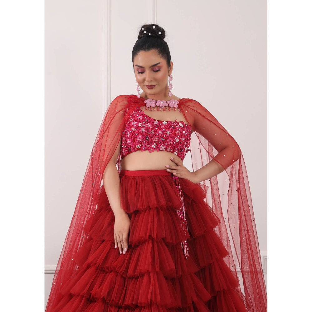 Kiran Kalsi Red 3D Embroidered Lehenga with Blouse and Dupatta (Set of 3)