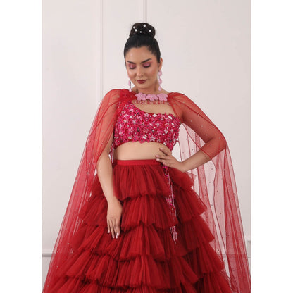 Kiran Kalsi Red 3D Embroidered Lehenga with Blouse and Dupatta (Set of 3)