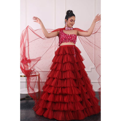 Kiran Kalsi Red 3D Embroidered Lehenga with Blouse and Dupatta (Set of 3)