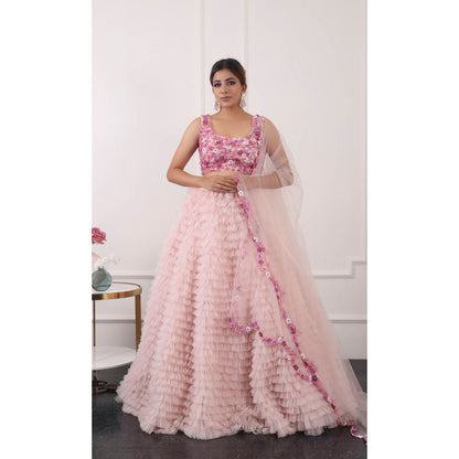 Kiran Kalsi Pink 3D Embroidered Lehenga with Blouse and Dupatta (Set of 3)