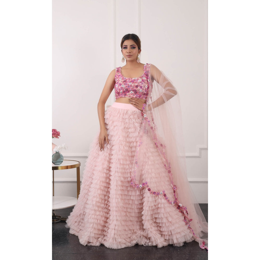 Kiran Kalsi Pink 3D Embroidered Lehenga with Blouse and Dupatta (Set of 3)