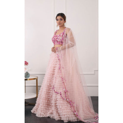 Kiran Kalsi Pink 3D Embroidered Lehenga with Blouse and Dupatta (Set of 3)