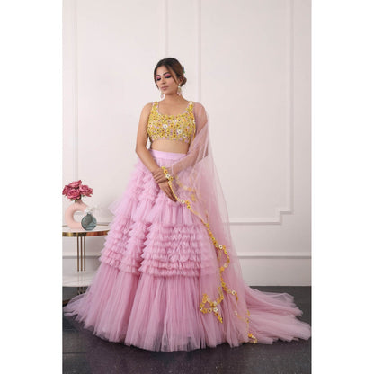 Kiran Kalsi Women Pink 3D Embroidered Lehenga with Blouse and Dupatta (Set of 3)