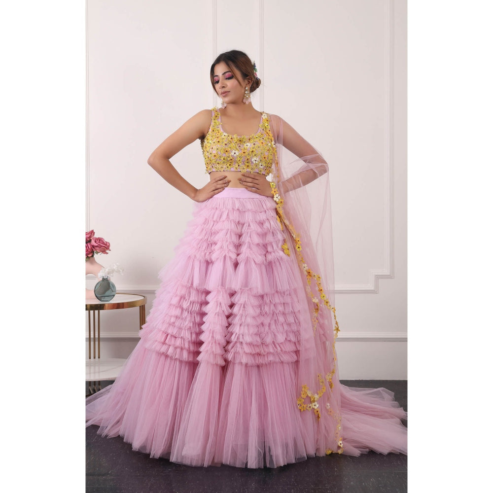 Kiran Kalsi Women Pink 3D Embroidered Lehenga with Blouse and Dupatta (Set of 3)