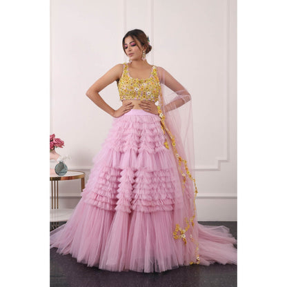Kiran Kalsi Women Pink 3D Embroidered Lehenga with Blouse and Dupatta (Set of 3)