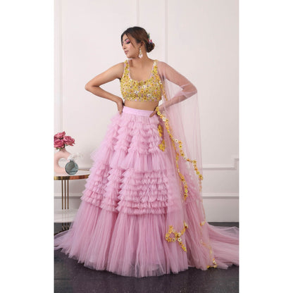 Kiran Kalsi Women Pink 3D Embroidered Lehenga with Blouse and Dupatta (Set of 3)