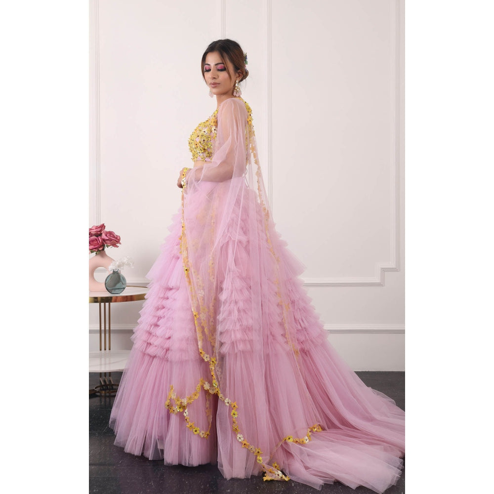 Kiran Kalsi Women Pink 3D Embroidered Lehenga with Blouse and Dupatta (Set of 3)