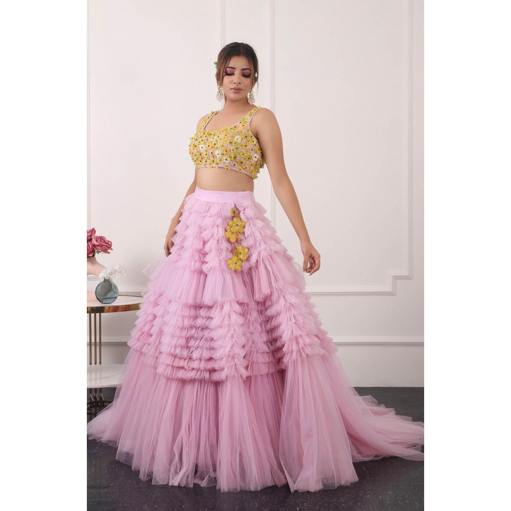 Kiran Kalsi Women Pink 3D Embroidered Lehenga with Blouse and Dupatta (Set of 3)