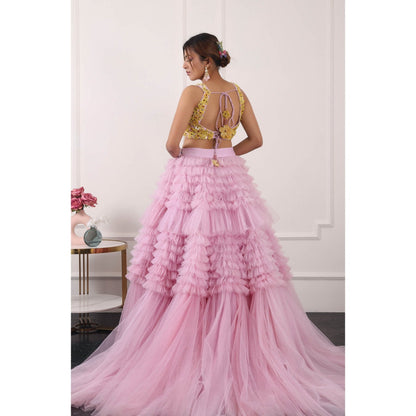 Kiran Kalsi Women Pink 3D Embroidered Lehenga with Blouse and Dupatta (Set of 3)
