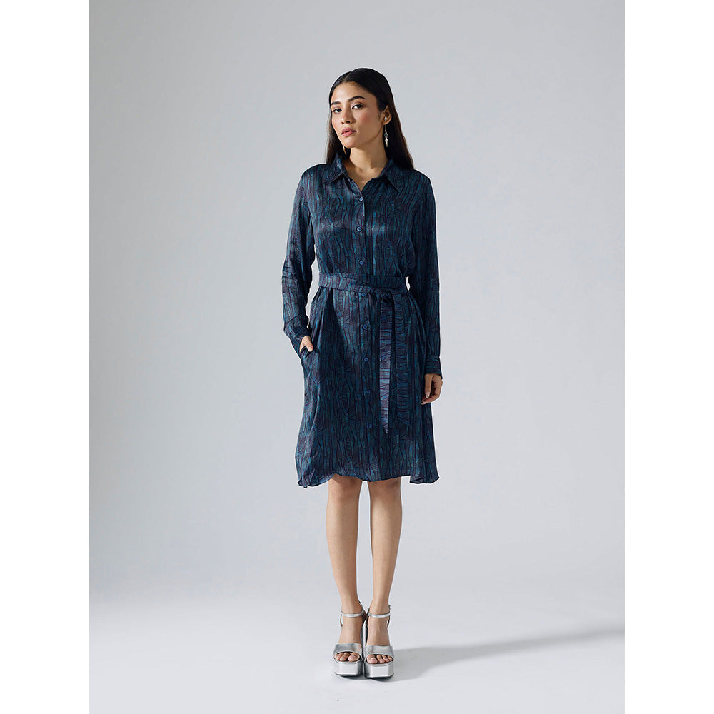 Klad Abstract Lines Cyan Shirt Dress with Belt (Set of 2)