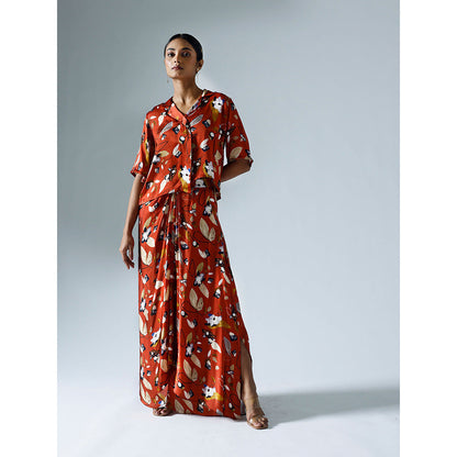 Klad Vivid Red Printed Cropped Shirt with Draped Skirt (Set of 2)