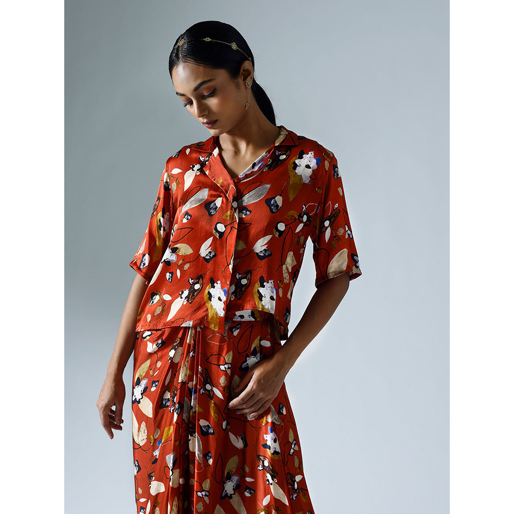 Klad Vivid Red Printed Cropped Shirt with Draped Skirt (Set of 2)