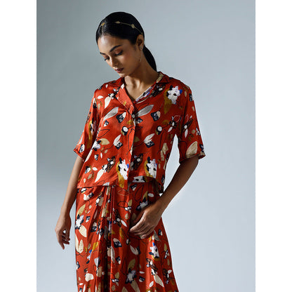 Klad Vivid Red Printed Cropped Shirt with Draped Skirt (Set of 2)