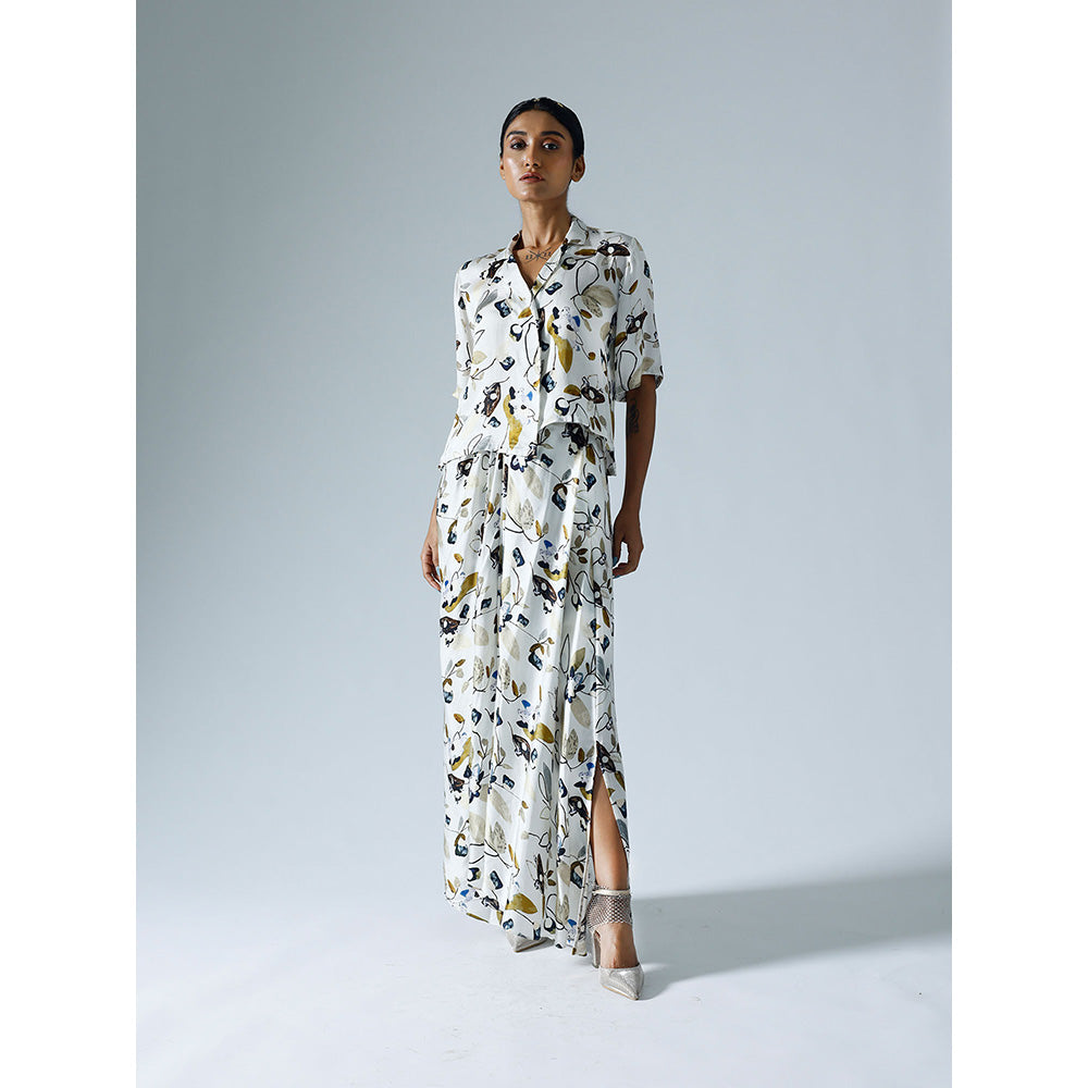 Klad Vivid White Printed Cropped Shirt with Draped Skirt (Set of 2)