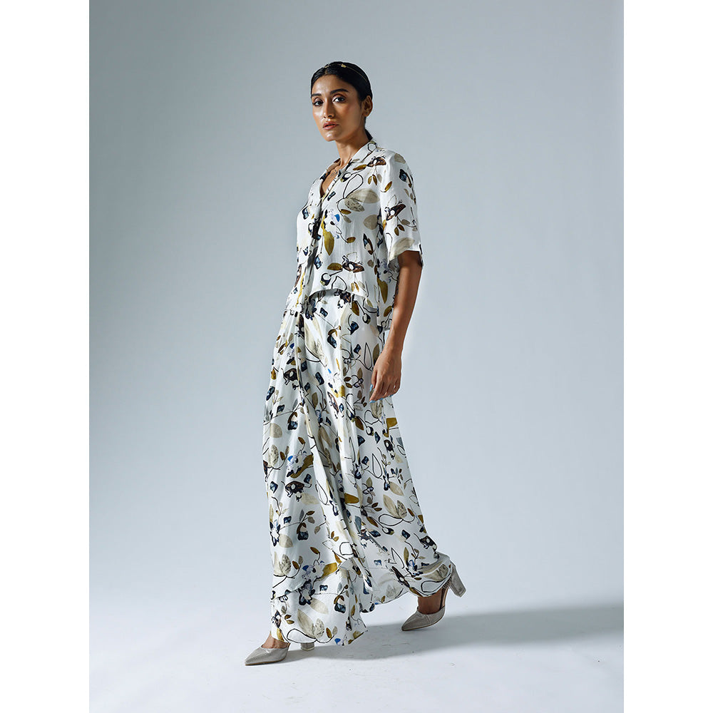 Klad Vivid White Printed Cropped Shirt with Draped Skirt (Set of 2)