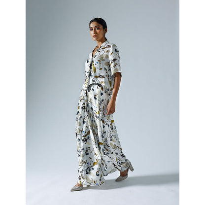 Klad Vivid White Printed Cropped Shirt with Draped Skirt (Set of 2)