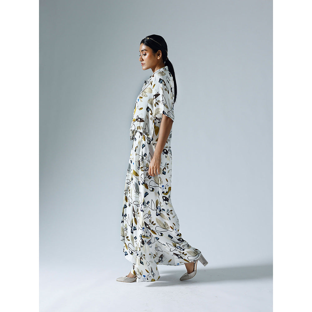 Klad Vivid White Printed Cropped Shirt with Draped Skirt (Set of 2)