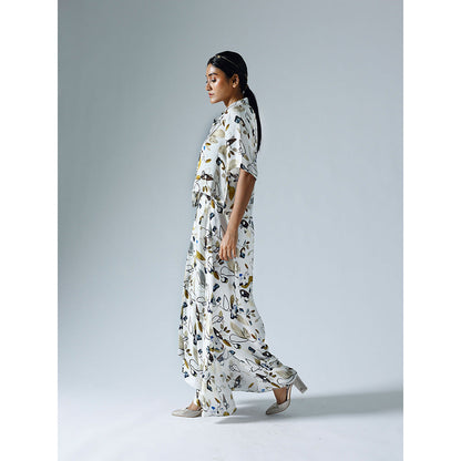Klad Vivid White Printed Cropped Shirt with Draped Skirt (Set of 2)