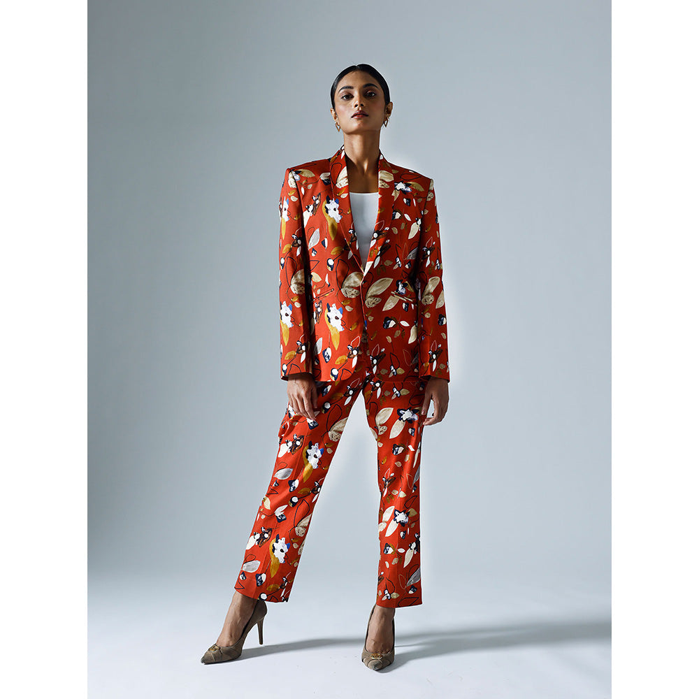 Klad Vivid Red Printed Shawl Lapel Blazer with Inner and Pant (Set of 3)