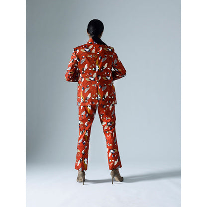 Klad Vivid Red Printed Shawl Lapel Blazer with Inner and Pant (Set of 3)
