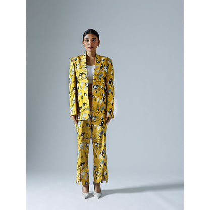 Klad Vivid Yellow Printed Notched Lapel Blazer with Inner and Pant (Set of 3)