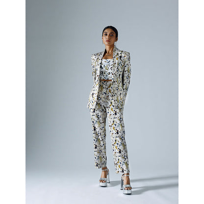 Klad Pixelated Grey Printed Shawl Lapel Blazer with Inner and Pant (Set of 3)