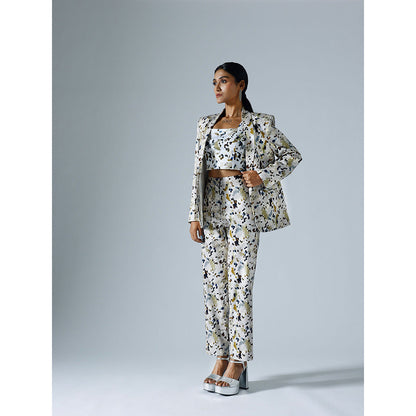 Klad Pixelated Grey Printed Shawl Lapel Blazer with Inner and Pant (Set of 3)