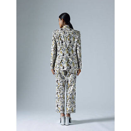 Klad Pixelated Grey Printed Shawl Lapel Blazer with Inner and Pant (Set of 3)
