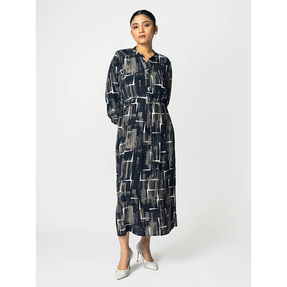 Klad Brick Black Drawstring Mandarin Neck Dress