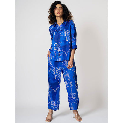 Klad Marbled Floral Blue Collar Neck Co-Ord (Set of 2)