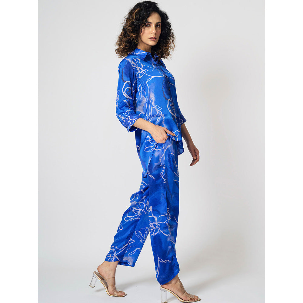 Klad Marbled Floral Blue Collar Neck Co-Ord (Set of 2)