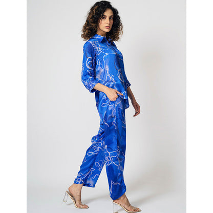 Klad Marbled Floral Blue Collar Neck Co-Ord (Set of 2)