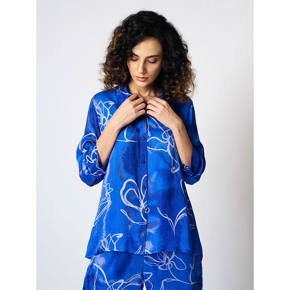 Klad Marbled Floral Blue Collar Neck Shirt