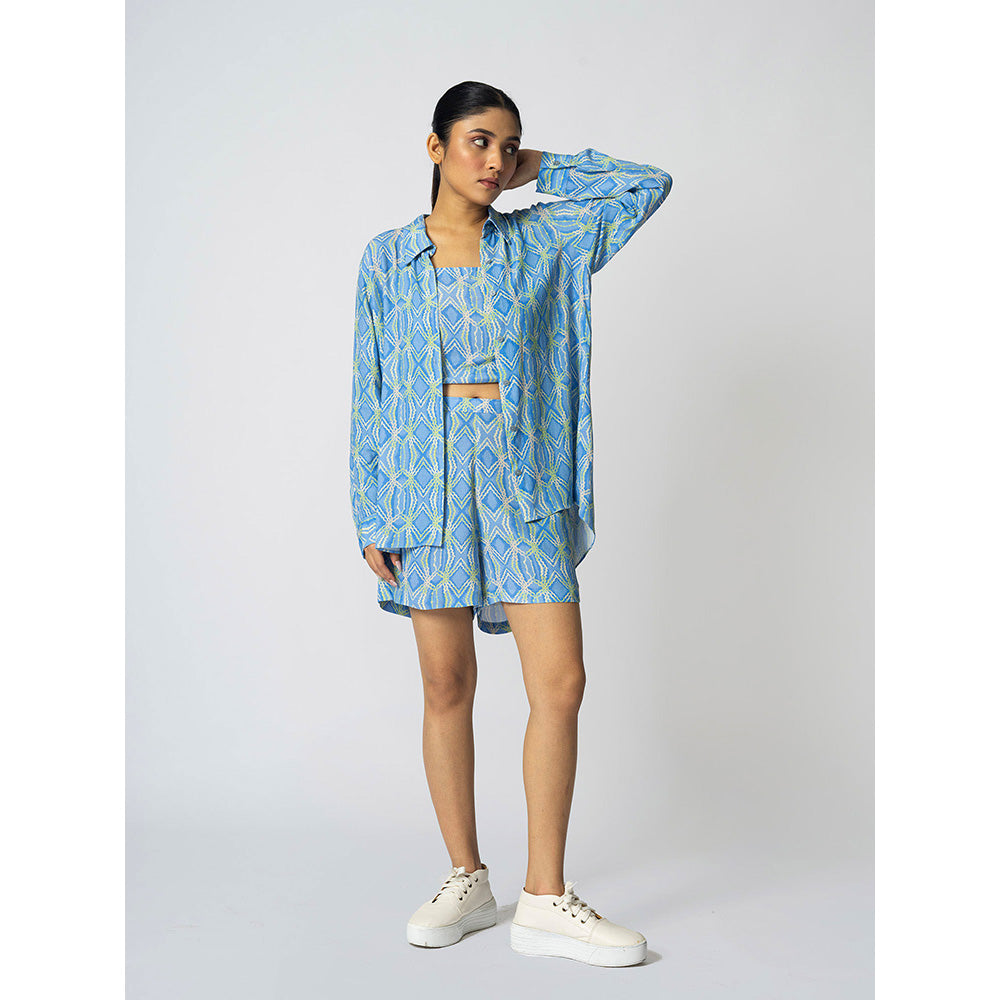 Klad Rhombus Icy Blue Collar Neck Jacket with Inner and Shorts (Set of 3)