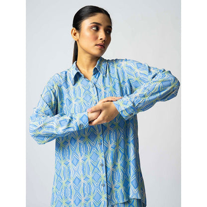 Klad Rhombus Icy Blue Collar Neck Shirt and Shorts (Set of 2)