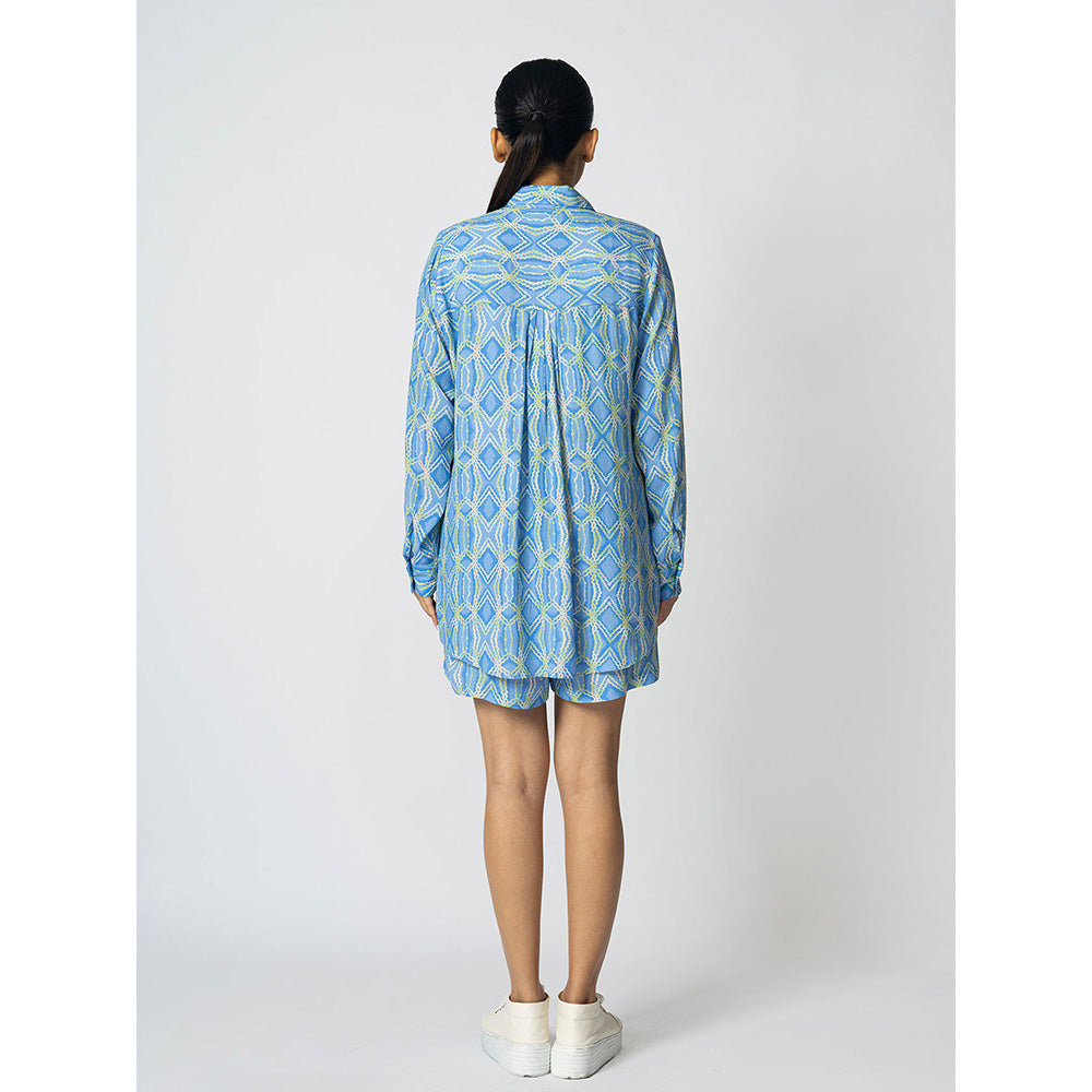 Klad Rhombus Icy Blue Printed Collar Neck Shirt