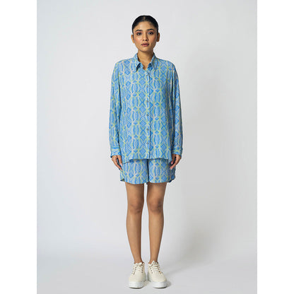 Klad Rhombus Icy Blue Printed Collar Neck Shirt