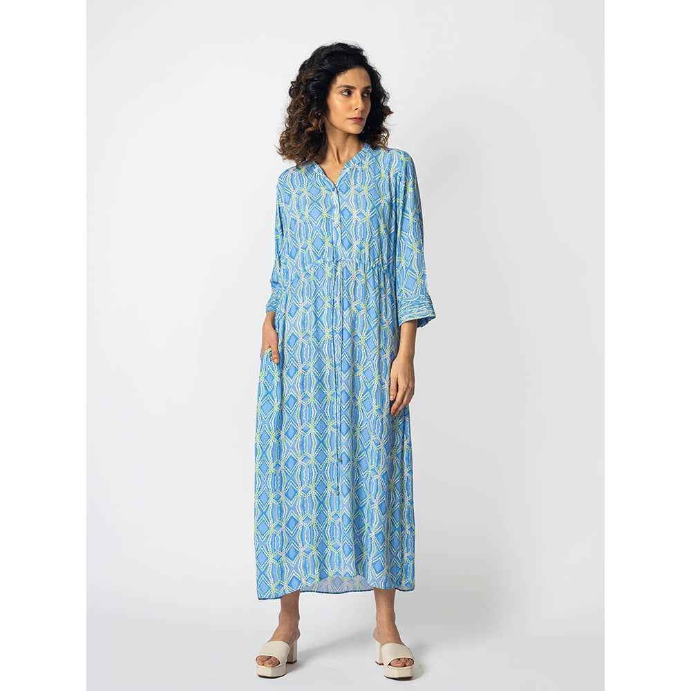 Klad Rhombus Icy Blue Drawstring Mandarin Neck Dress