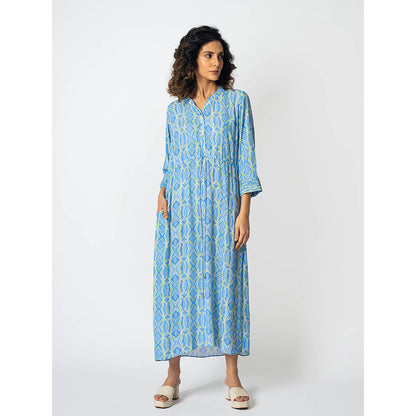 Klad Rhombus Icy Blue Drawstring Mandarin Neck Dress