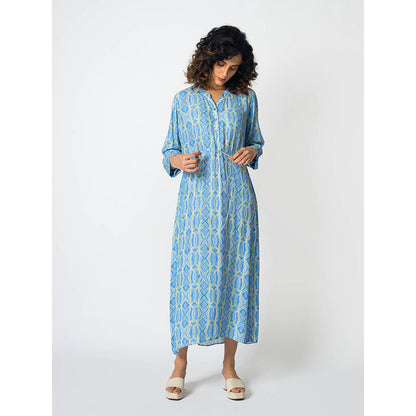 Klad Rhombus Icy Blue Drawstring Mandarin Neck Dress