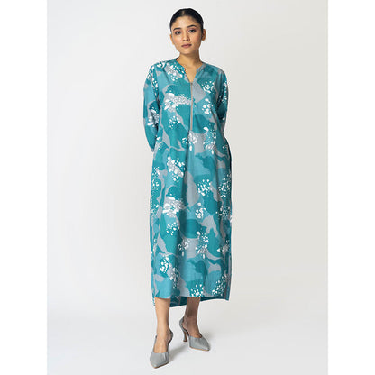 Klad Dots Blue Mandarin Neck Zipper Dress
