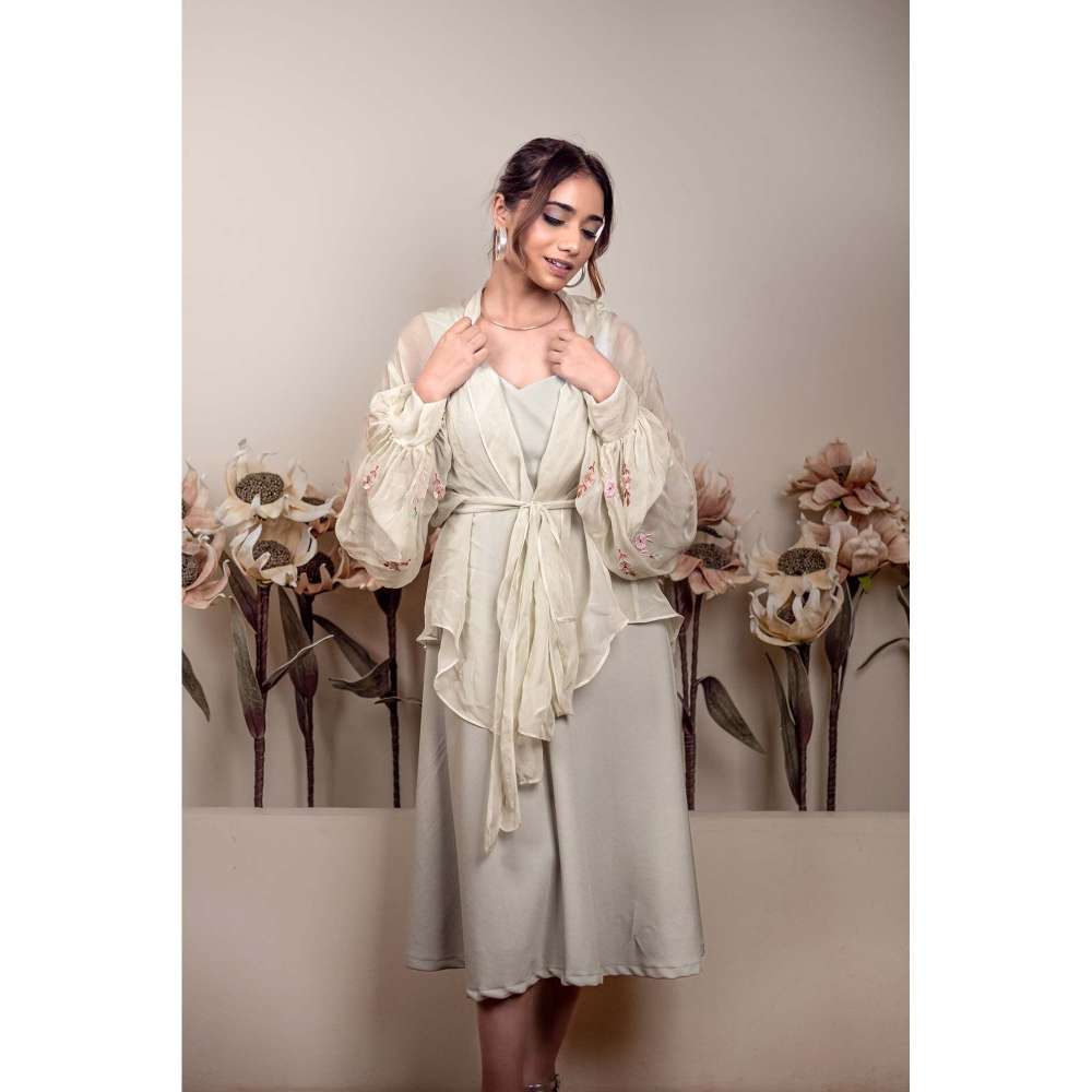 Kosha By Nilima Bloomed Mint Green Dress with Jacket and Belt (Set of 3)