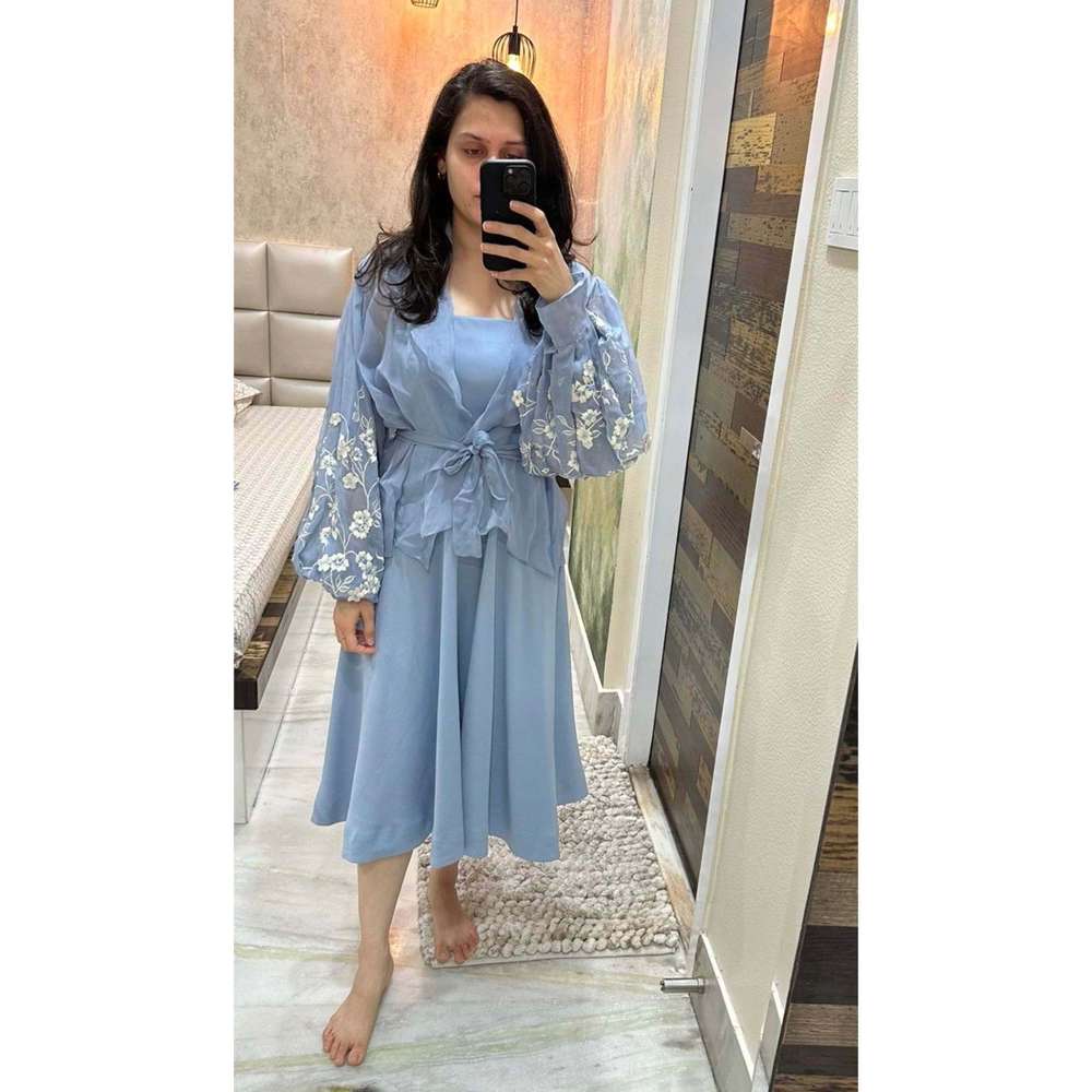 Kosha By Nilima Bloomed Blue Jacket with Dress and Belt (Set of 3)