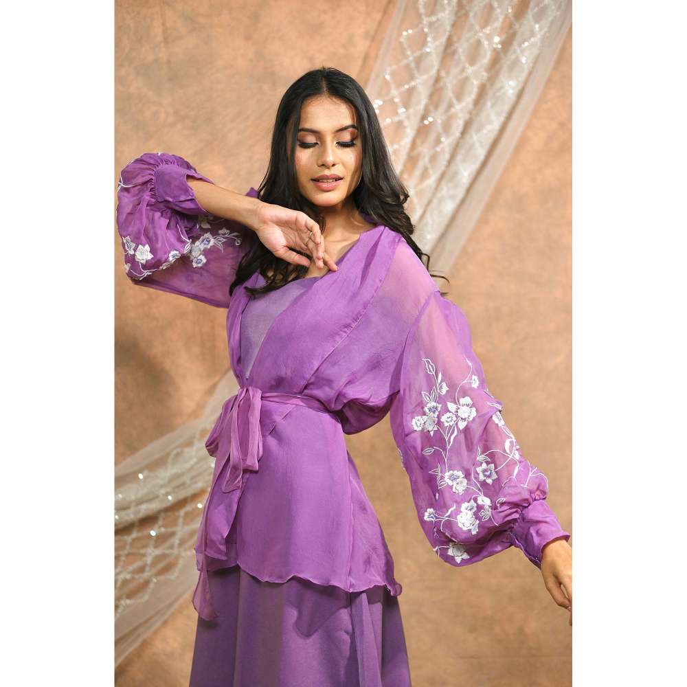 Kosha By Nilima Bloomed Lavender Jacket with Dress and Belt (Set of 3)