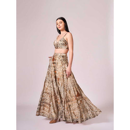KOSWI Browns Abstract Print Lehenga with Blouse and Dupatta (Set of 3)