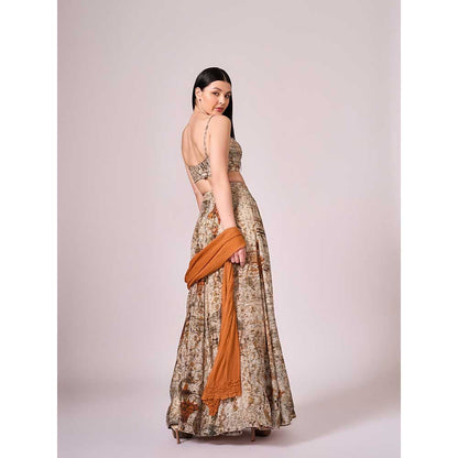 KOSWI Browns Abstract Print Lehenga with Blouse and Dupatta (Set of 3)