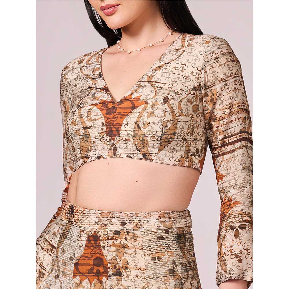 KOSWI Browns Abstract Print Lehenga with Blouse and Dupatta (Set of 3)