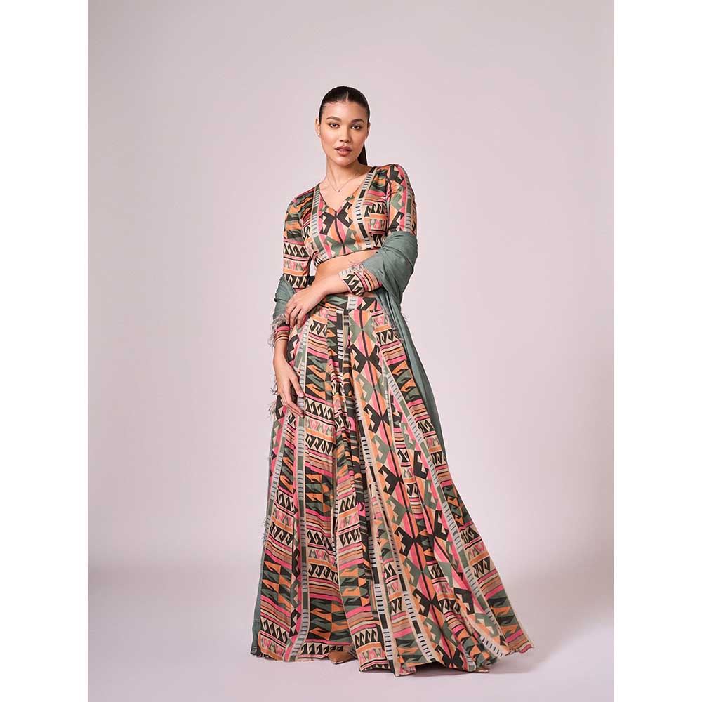 KOSWI Multi Coloured Geometric Print Lehenga with Blouse and Dupatta (Set of 3)