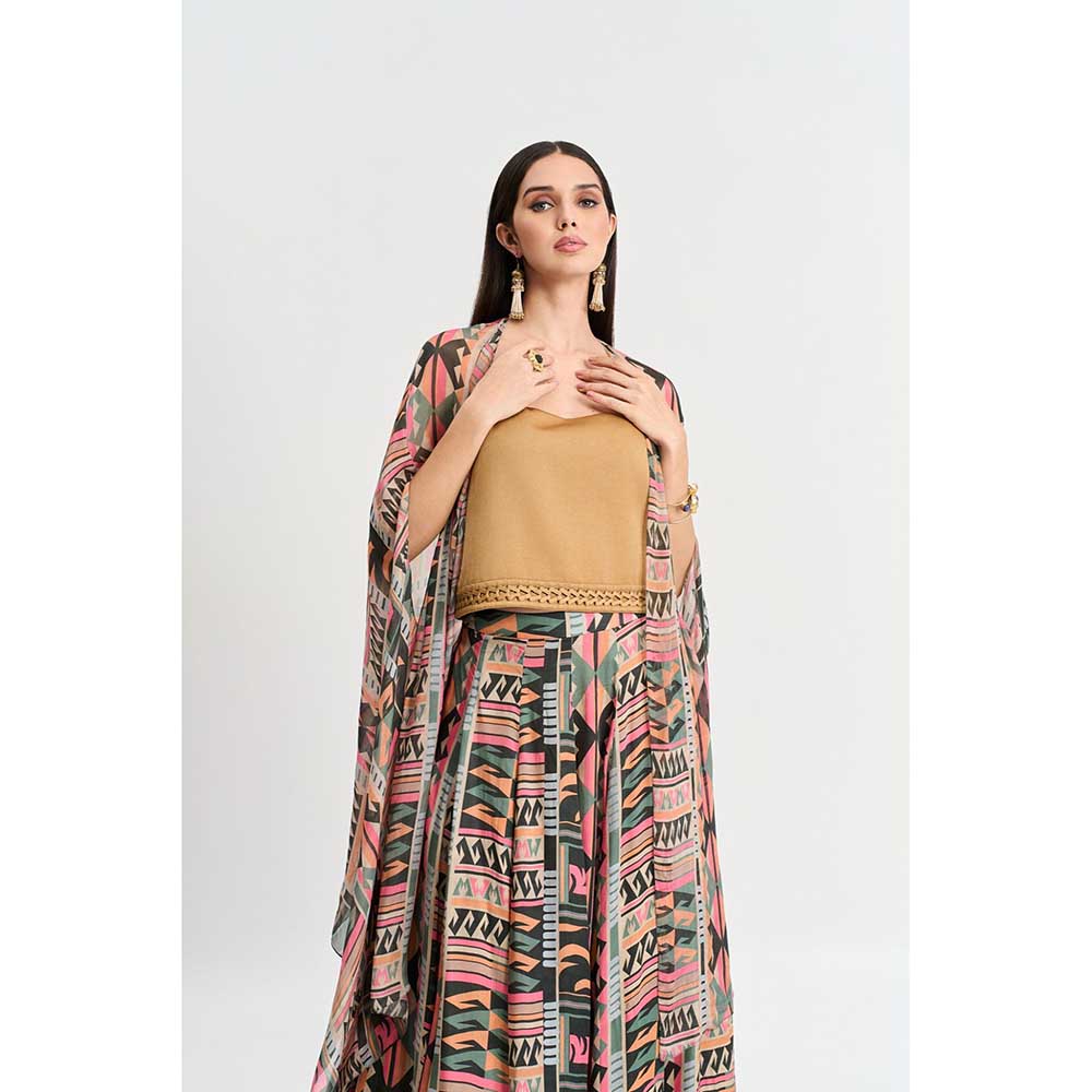 KOSWI Multi Coloured Geometric Print Lehenga with Blouse and Cape (Set of 3)